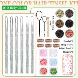 Silver Hair Tinsel Kit With Body Glitter 48 Inch 3000 Strands Glitter Tinsel Hair Extensions With Tools Fairy Hair Accessories, Suitable for Festivals and Daily Use (Silver Hair Tinsel Kit)