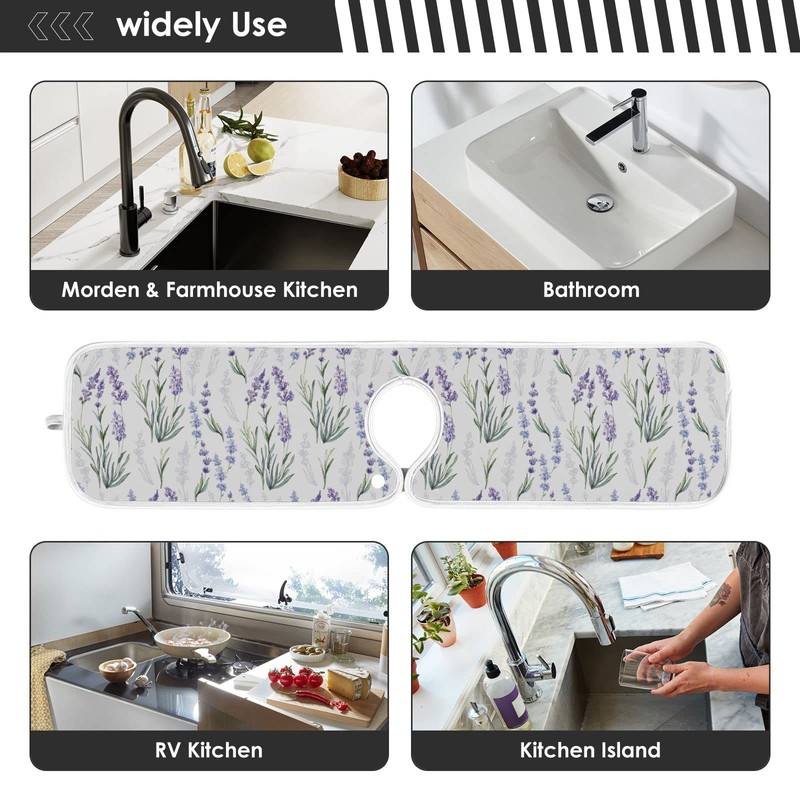 Kitchen Faucet Absorbent Mat,Lavender Flower Water Splash Guard for Sink,