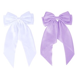 Beleki Purple & White Hair Bows for Women, Solft SIilky Satin Bow with Long Tail Oversized French Hair Barrettes Coquette Bow Hair Accessories for Women & Girls (2 Pack)