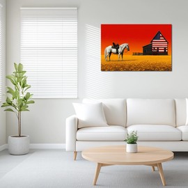 ANRUOXI American Flag Wall Art for Living Room, Rustic Retro Vintage American Flag & Farmhouse Horse and Barn Canvas Painting Prints, Classic USA Artwork Farmhouse Bedroom Office Decor 32x48 Inch