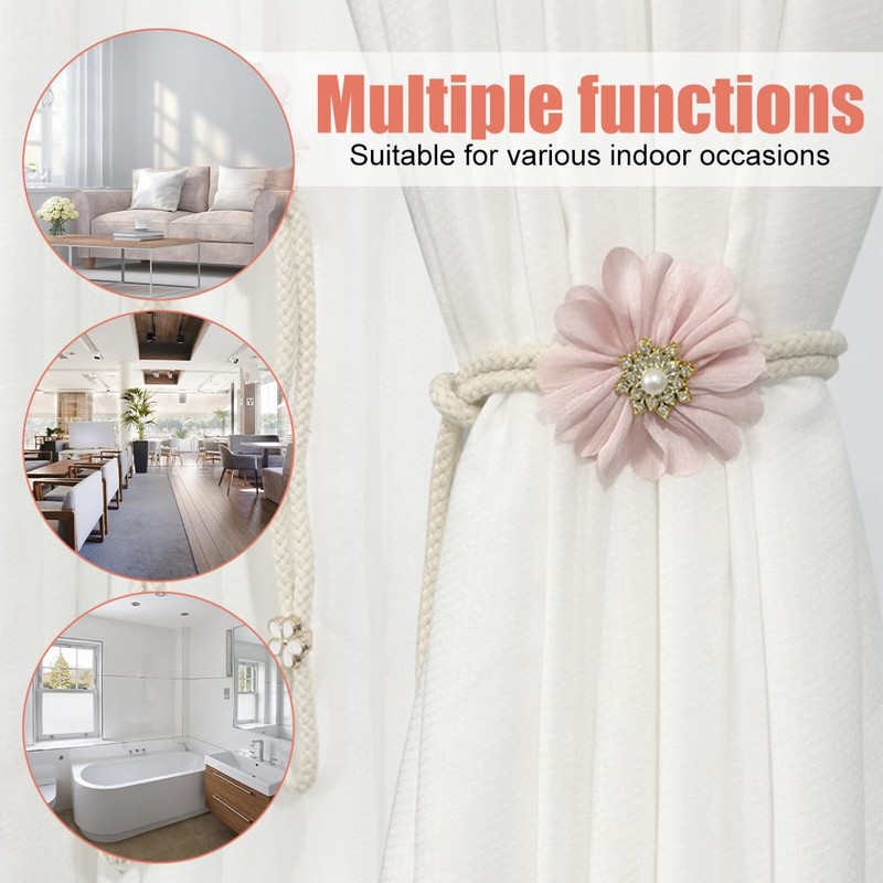 Curtain Tiebacks, 2PCS 3D Fabric Flowers Curtain Holders Adjustable Elegant