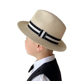 Myizim Sombrero de paja Fedora para niños, sombrero de playa de Panamá con ala corta, sombrero de playa enrollable, T-Beige, Small