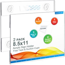 BlueValley Wall Mount Acrylic Sign Holder 8.5 x 11", Horizontal Plexi Poster Picture Frame Set with Free Tape & Suction Cups, Plastic Brochure Flyer Menu Signs Holder for Office, Store, Family-for Window Door Wall -2 Pack