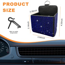 Dickno Car Vent Storage Organizer, Rhinestones Leather Air Vent Pocket, Bling Automotive Vent Pouch Box with Hook, Multipurpose Dashboard Air Vent Cell Phone Holder for Girl Women （Blue）
