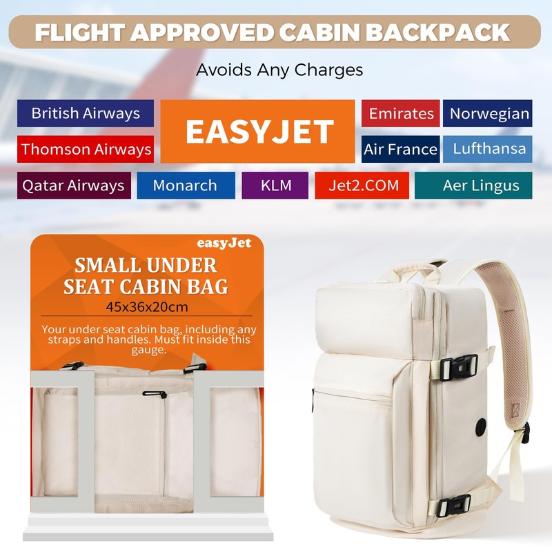Gluckstar Hand Luggage 45x36x20 for Easyjet, beige, Travel