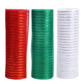 Euvoym 3 Rolls Christmas Poly Mesh Ribbon Green Red White Metallic Foil Deco Mesh Ribbon Xmas Ribbon for Gift Wrapping Wreaths Making, 10 Inch x 10 Yards