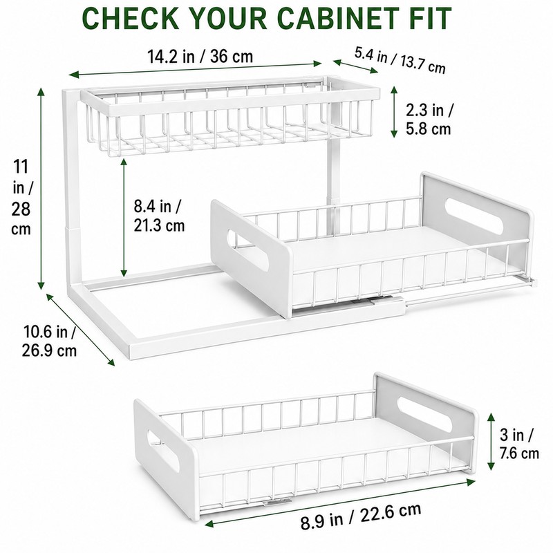 2-Tier Under Sink Organizer Pull-Out Sliding Drawer Rack, White