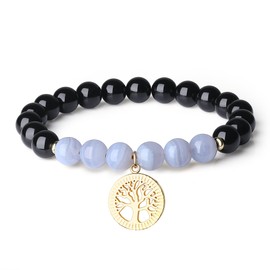 COAI Gift Ideas Lucky Bracelet Yoga Bracelet Made of Gemstones with Tree of Life Accessories for Men and Women, Schorl/Black Tourmaline Chalcedony Blue, Schorl/Black Tourmaline