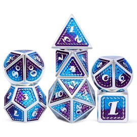 Dungeons and Dragons 7 Piece Solid Metal Dice set with Blue, Purple Scales and Silver Edges for D&D, Tabletop RPG Adventures and DND Games.