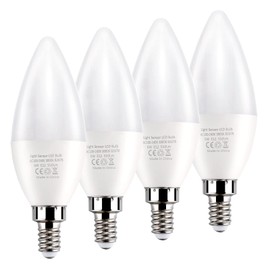 Dusk to Dawn Light Bulbs E12 Light Sensor Bulb 3000K Equivalent 60W E12 LED Candelabra Bulb,Auto On and Off for Home,Outdoor,Yard Light,Warm White (4 Pack)