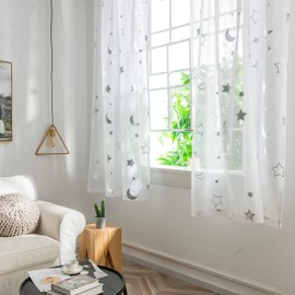 Silver Foil Print Sheer Moon Star Curtains for Girls Room - Rod Pocket Light Filtering Privacy Protection Window Drapes Semi Voile Kids Curtains for Boys Bedroom 72 Inch Length, Set 2 Panels, 52x72