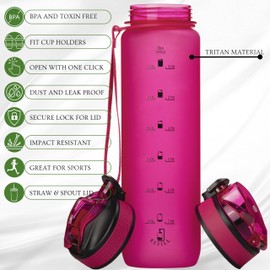 VINCEPLUS 32oz Titan Water Bottle with Time-Marked, 2 Lids (Fast Flow & Straw) - BPA/BPS Free, Leak-Proof, Airtight, Reusable Water Bottle - Perfect for Sports, Hiking (Deep Pink)