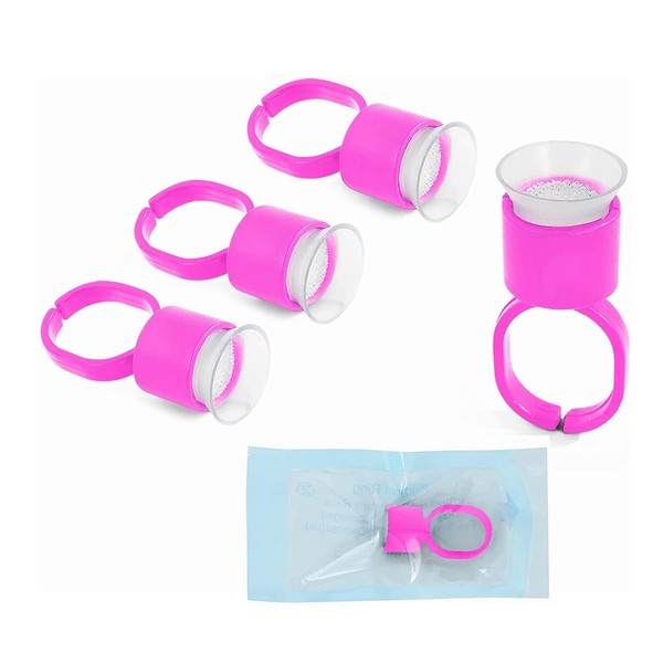Vasos de anillo de tinta, 100 anillos de pegamento de pigmento de microblading rosa con tazas de tinta de esponja, tapas de maquillaje, extensiones de cejas, soporte mediano para suministros de microblading (100)
