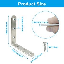Waziaqoc 4PCS 4 x 4 Inch L Bracket, 100 x 100 mm Stainless Steel Heavy Duty Corner Brace, Shelf Support Corner Brace Joint Right Angle Bracket