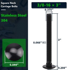 8 Sets 3/8-16 x 3 Carriage Bolts and Nuts & Flat Washers, 304 Stainless Steel 18-8, Black Coated, Heavy Duty Bolts for Home & Machinery Assembly & Repair, Automobile, by RoyceMart