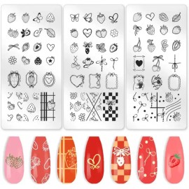 Beinkmake 3Pcs 딸기 네일 스탬프 플레이트 하트 활 아트 템플릿 매니큐어 인쇄용 스탬퍼 스크래퍼가 Beinkmake 3Pcs Strawberry Nail Stamp Plate Heart Bow Art Template Manicure Printing Stamper Scraper Set