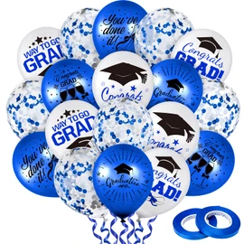Whaline 60Pcs Graduation Party Balloon Set 7 Designs Blue White Confetti Latex Balloon with 2 Rolls Blue Ribbon Grad Cap Congrats Grad Balloon for Graduation Party Decoration Supplies