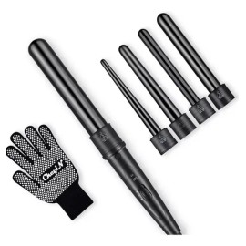 CkeyiN Rizadora de Cabello Rizador de Pelo Ferros Profesionales 5 en 1 Intercambiable Cerámica Temperatura Ajustable con Guantes Color Negro          