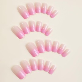 Long Press on Nails Coffin French Fake Nails Full Cover Pink False Nails with Gradient Designs Glossy Acrylic Stick on Nails Artificial Glue on Nails for Women Girls Daily Wear Nail Decoration 24Pcs