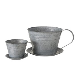 Rustic Tea Cup Planters, Set of 2, Shabby Grey, Zinc, Attached Handles and Saucers, 8.75 Diameter, Overall 11 Inches Wide Including Handles