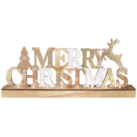 Merry Christmas Wooden Light Up LED Decoration Sign Indoor Reindeer Xmas Ornament (Gold Glitter Design)