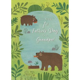 Designer Greetings Two Cute Brown Bears Eating Orange Fish at Blue Lake 1st / First Father's Day Card for Grandpa