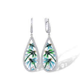 Santuzza Enamel Dragonfly Earrings 925 Sterling Silver Cubic Zirconia Teardrop Dangle Earrings for Women