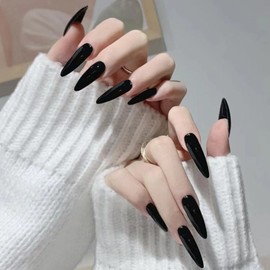 Press On Nails, Extra Long Stiletto Fake Nails, Stick on nails, Glue on Nails on 24PCs (Black)