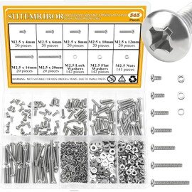 565 Pieces M2.5 Machine Screws Nuts Washers Set, Sutemribor M2.5 x 4/6/8/10/12/16/20mm Phillips Pan Head Machine Screws Nuts Washers Assortment Kit, 304 Stainless Steel, Fully Threaded