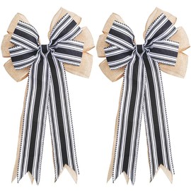 GORGECRAFT 2Pcs Black White Stripe Bow Large Burlap Wreath Bows Farmhouse Rustic Bowknot Crafts for Front Door Christmas Tree Topper Fall Decor Wedding Party Home Decor 20.08x11.1inch