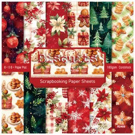 ZAKHSE Christmas Pattern Paper Pack, 24 Sheets 6"x6" Scrapbook Paper Pad, Xmas Biscuit Floral Single-sided Prints Cardstock Paper Decorative Craft Paper for Photo Album Background Card Making-Red