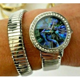 Colleen Lopez Round Dial Coil Wrap Bracelet Watch, Abalone / Silvertone LP- $155