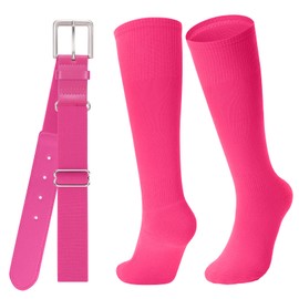 JASGOOD Baseball Socks and Belt for Youth Adult Softball Socks Combo Elastic Waist Belt for Men Kids Boys Girls Women, Pink