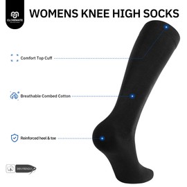 CLOSEMATE Womens Soft Knee High Long Dress Socks Combed Cotton and Comfortable Elastic Cuff 3 Pairs (2Black1Navy Blue, Size M)