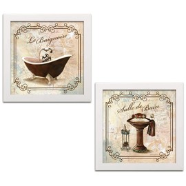 Classic Prints for Decorating Bathroom; Salle De Bain & Le Baignoire; Two 12x12in White Framed Pieces, Ready to hang!