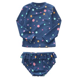 Aisyee Baby Girls Rash Guard Swimsuits Set for Girls Long Sleeve Bathing Suits with Bikini Bottom Two Piece Swim Set Navy Polka Dot 12-18 Months