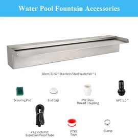 SUMGREEN 24 Inch Pool Fountain 304 Stainless Steel Waterfall Spillway with Pipe Connector Kits, Wider Water Flow Sheer Descent Platform Water Feature Fountain for Swimming Pool, Outdoor Garden Decor