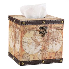 BTSKY Wooden + PU Retro Household Office Cube Square Tissue Holder Box Cover Napkin Holder, Elegant and Stylish Home Decoration (Yellow Map)