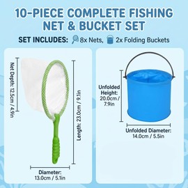 Fishing and Butterfly Nets with 2 Water Buckets Set, 10 Piece Outdoor Activity Equipment, Pond and Beach Fishing Nets, 23 cm Fish Catcher Butterfly Nets for Water Play