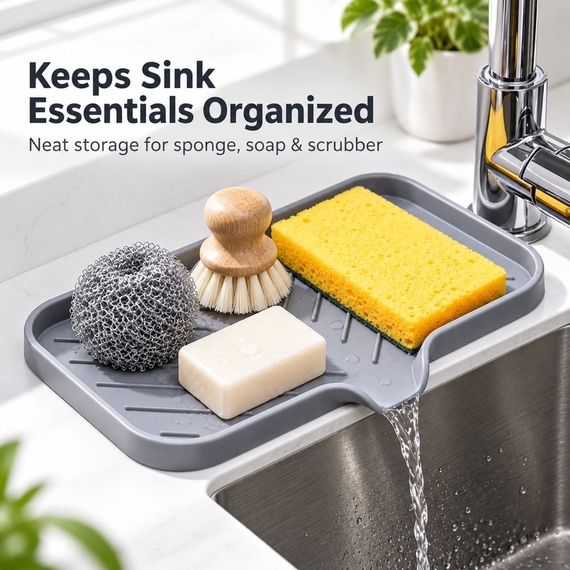 Kitchen Sink Silicone Tray for Soap and Sponge Storage –