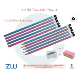 ZOFAX 10 Triangular Easy Grip Pencils Eraser Sharpener Home School Office Nursery