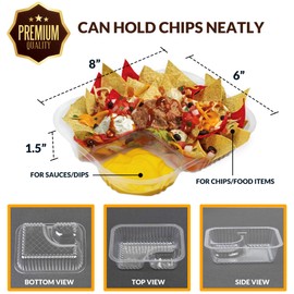 [125 Pack] 8 x 6 Inch Nacho Trays - Large Clear Plastic Anti Spill French Fry Holder, 2 Compartment Disposable Dinner Tray for Hot Food Container, Cheese Sauce, Dart Chips, Movie Night Party Supplies