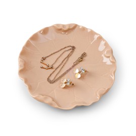 Koythin Ceramic Jewelry Tray, Lotus Leaf Ring Holder for Necklace Watch Earring, Adorable Decorative Bowl for Nightstand Bathroom Bedroom, Aesthetic Trinket Dish for Mom Women (Light Brownish Pink)