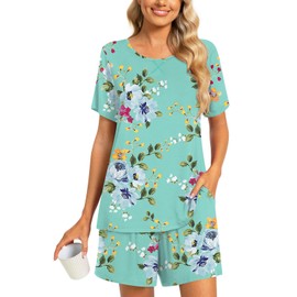 Findsweet Pajama Set for Women 2 Piece Lounge Set Soft Sleepwear Summer Casual Short Pjs Sets with Pockets 2XL, Mint Green