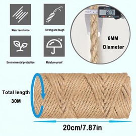 Ldzzuo 6mm Thick Natural Jute Rope for Scratching Post Scratching Tree Land Sisal Rope Cats Scratch Rope for Pets Gardening Crafts Toys (30M)