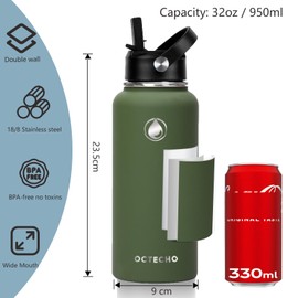 OcTecho Water Bottle 950ml,Stainless Steel Water Bottle,Insulated Water Bottles with Straw, Double Vacuum Metal Water Bottles for 12h Hot & 24h Cold Drinks, 2 Leakproof Lids, BPA Free-Olive Green