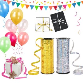 Pack of 2 Golden Gift Ribbon, Decorative Ribbon, Curling Ribbon, Gold Silver, Christmas Gift Ribbon, 5 mm Wide, Glitter Craft Ribbon for Christmas, Gift Wrapping, Crafts, Decoration