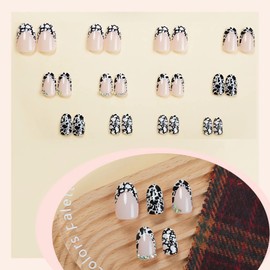 BABALAL Press on Nails Short Oval Fake Nails Cow Print French Tip Glue on Nails rhinestone Bling Acrylic Nails 24Pcs Round Glossy False Nails Manicure Full Cover Artificial Nails