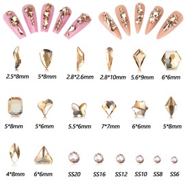 HINABTRU Gold Rhinestones for Nails Champagne Nail Gems Diamonds-7220Pcs Gold Nail Crystals Jewels-Nail Charms Accessories for Nail Decoration(14 Different Shape+ 6520 Round Gold Nail Stones+Wax Pen)