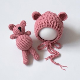 Newborn Baby Boy Girl Photography Props Bear Hat Outfits Crochet Kint Handmade Cap Set for Newborn Photo Shoot (Dusty Pink)